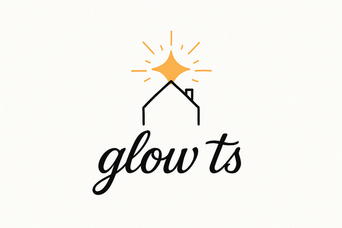 mi serve un logo per il mio sito. voglio sia semplice e luminoso. voglio la parola "glow ts" in nero, con una calligrafia moderna vintage al centro in basso, e poi sopra l'illustrazione di una casa e una specie di stella/sole dietro.